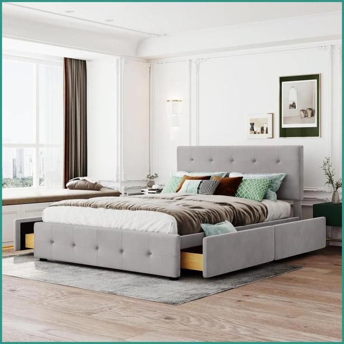 Lit Tapissier Double 140x200cm - 4 Tiroirs + Sommier à Lattes - Tête Rembourrée - Gris