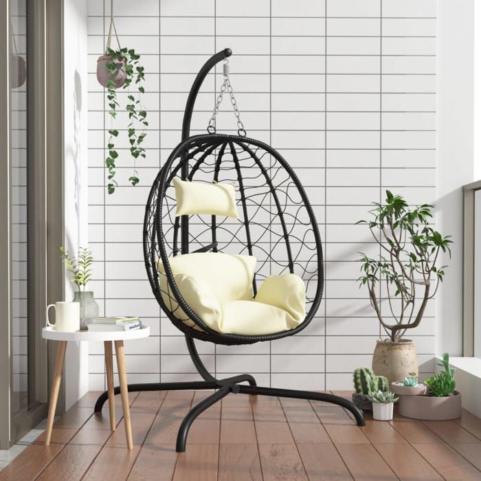 Fauteuil suspendu en polyrotin - vidaXL - Coussin blanc crème - Pivotant - 106x103x195 cm - Rotin synthétique