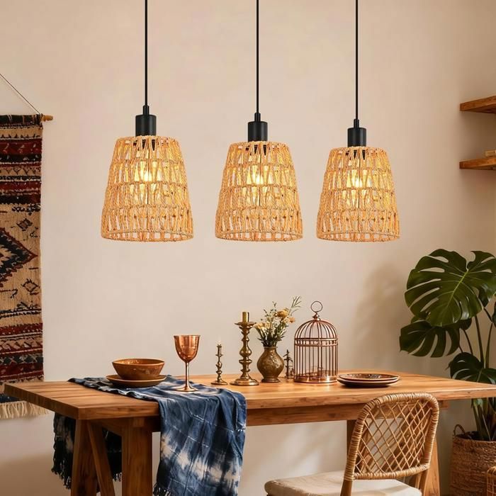 Lampe suspension rotin naturel NETTLIFE 3 lumières Design bohème chic métal noir Colonne Luminaire E27 pour salle à manger salon