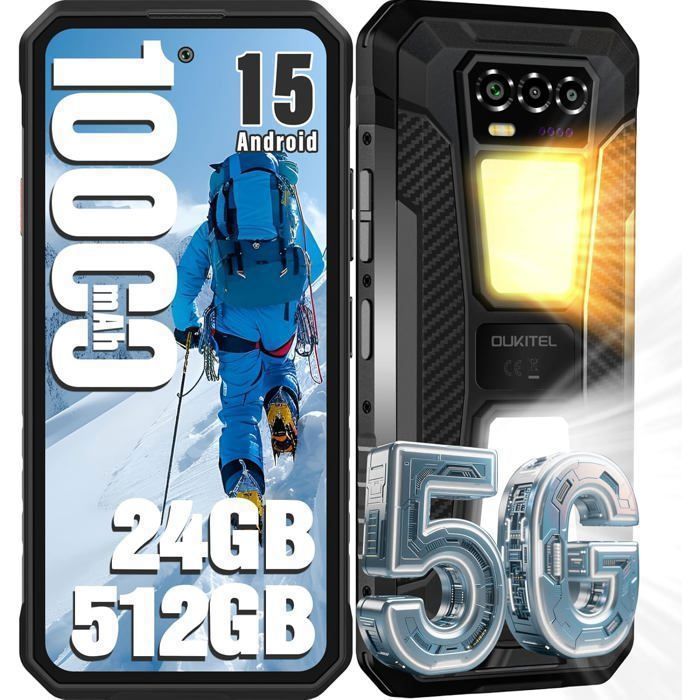 5G Telephone Incassable OUKITEL WP58 Pro 24GO+512GO Écran 6.7 10000mAh/33W Smartphone Robuste Android 15 Dual SIM/64MP/NFC Noir