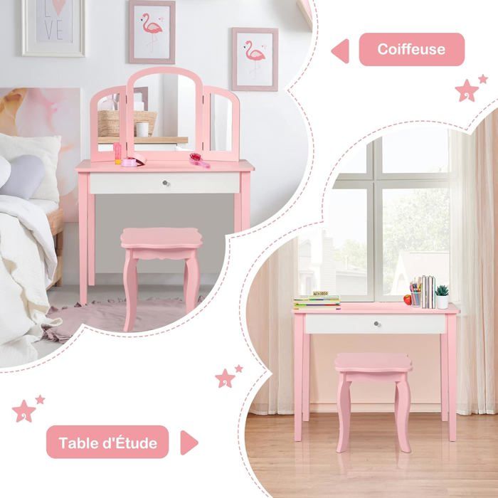 GIANTEX Coiffeuse Enfant Fille Table de Maquillage avec Tabouret et Miroir Amovible 70X34X95 CM Rose