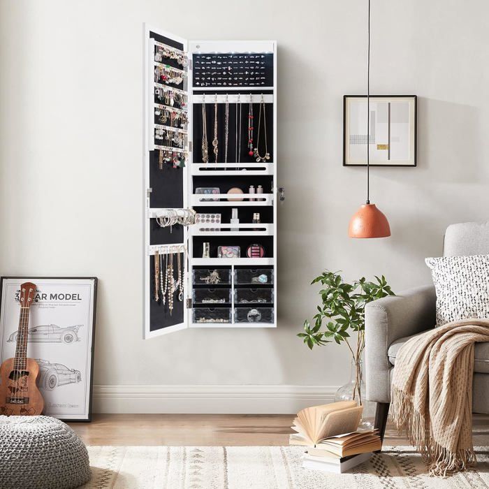 GIANTEX Armoire à Bijoux Mural 120x36 5x11 5CM avec Miroir et Lumière LED Accrochée à la Porte avec Serrure Miror