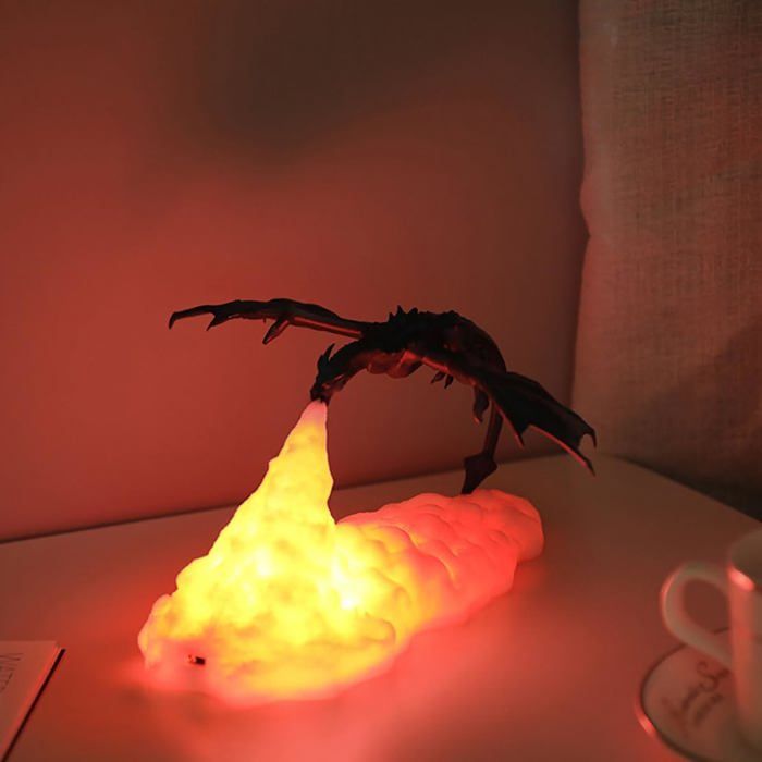 Lampe Dragon Volcan 3D Veilleuse LED en PLA - Rechargeable USB - Décoration Chambre Enfant et Salon - Idée Cadeau Anniversaire