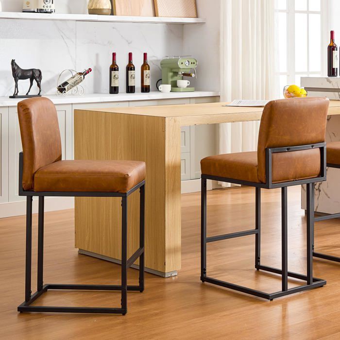 Tabouret de bar en similicuir - LUNSY - Design industriel - Coussin ergonomique - Hauteur dassise 61 cm