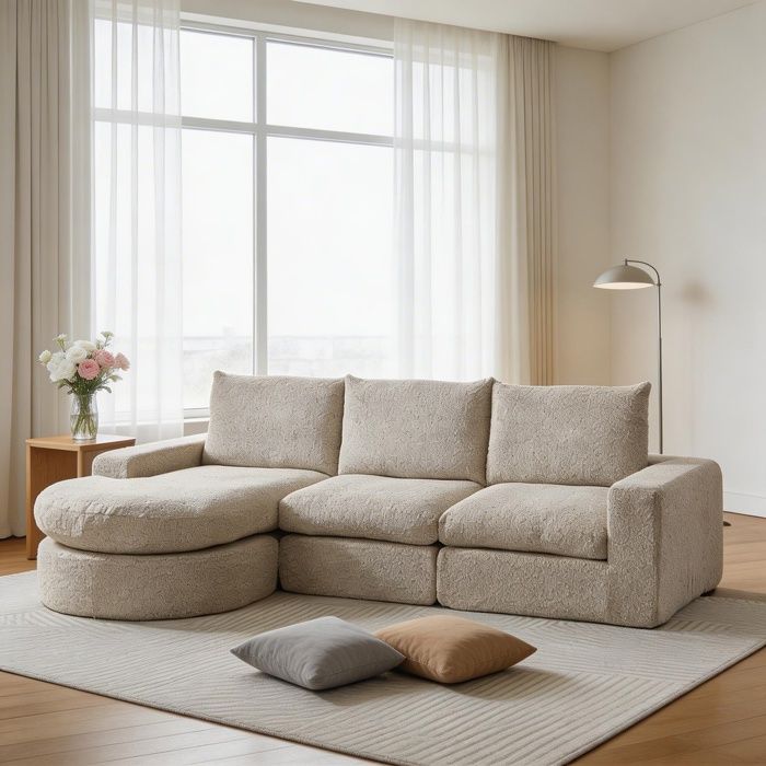 Canapé - W3349P316653 - Chenille beige - 3 places réversible (méridienne) - Mousse HR à mémoire