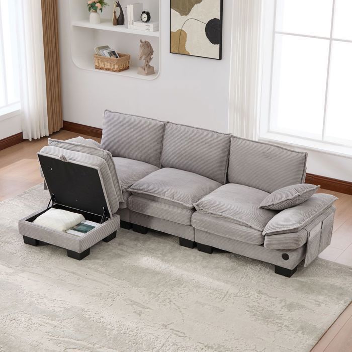 Canapé dangle modulaire - SOGEU - 3 places - Velours côtelé - Port USB-C intégré - Pouf de rangement