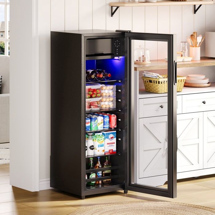 Mini Réfrigérateur 128L - 40.5x40x110cm - Congélateur 8L & Réfrigérateur 120L - Porte en Verre & LED Bleue - Noir et Inox