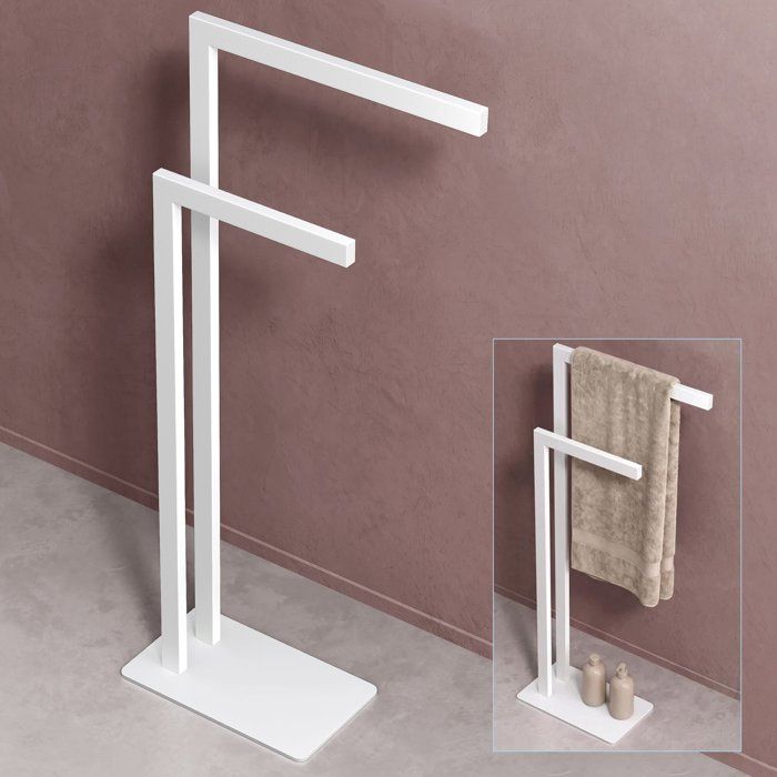 doporro Porte-Serviettes sur Pied avec 2 Barres et Étagère Support Serviette Blanc Mat Porte Serviette Salle de Bain Tavrin-02