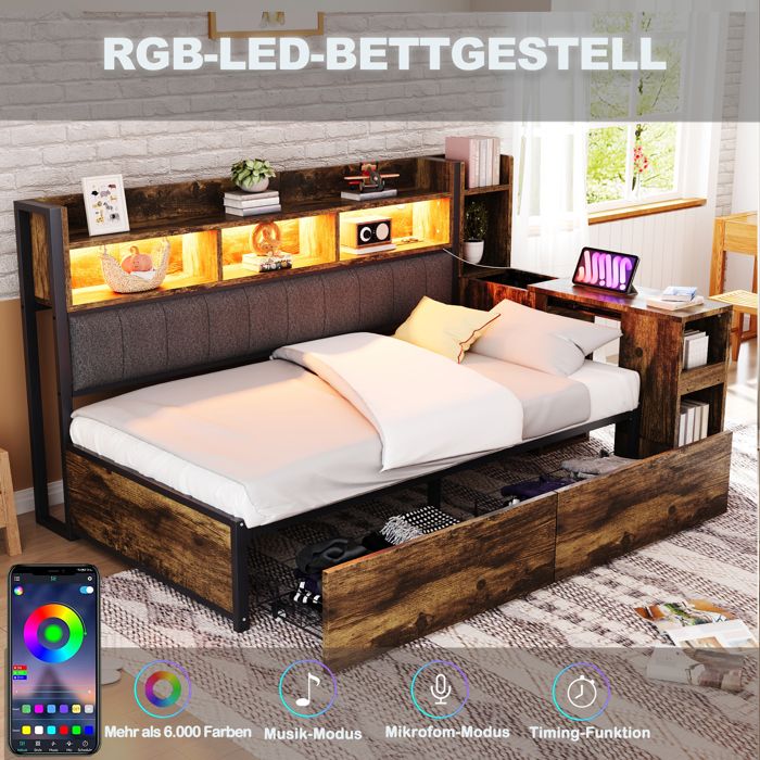 Canapé-lit en fer 90x200cm avec nombreux compartiments de rangement et casiers fermés prises multifonctions et éclairage LED