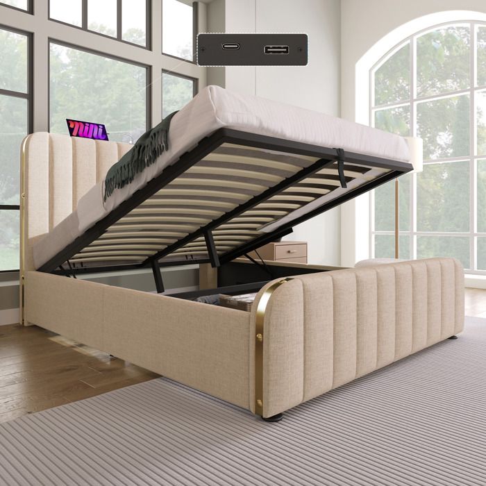 Lit rembourré hydraulique 140x200cm- tête de lit avec fonction de recharge USB Type-C- lit avec rangement- lin- beige-sans matelas