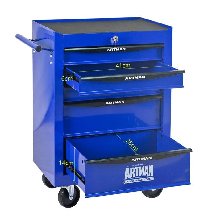 Servante Coffre à outils roulant métal 5 tiroirs armoire rangement acier glissières billes robuste noir bleu 60x33x77.5cm