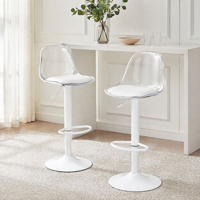 Lot de 2 Tabourets de Bar Réglables en Hauteur Pivotants 360° avec Dossier Transparent et Repose-pieds en Métal Blanc