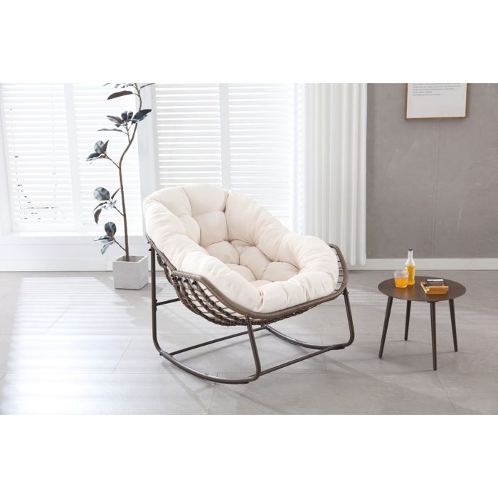 Fauteuil Bascule Œuf Osier Blanc 90x106x78cm coussin Épais Confort utilisable Intérieur Extérieur Balcon Jardin Terrasse Fauteuil Bascule Œuf Osier Blanc 90x106x78cm coussin Épais Confort utilisable Intérieur Extérieur Balcon Jardin Terrasse