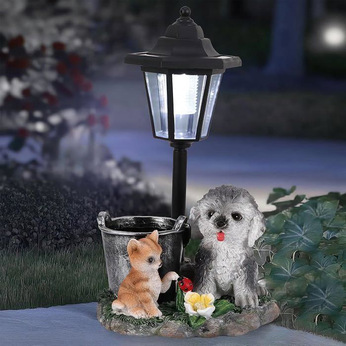 Statue de Jardin Solaire Décorative pour Extérieur avec Lumières - Chien Mignon en Résine Imperméable pour Cour et Pelouse