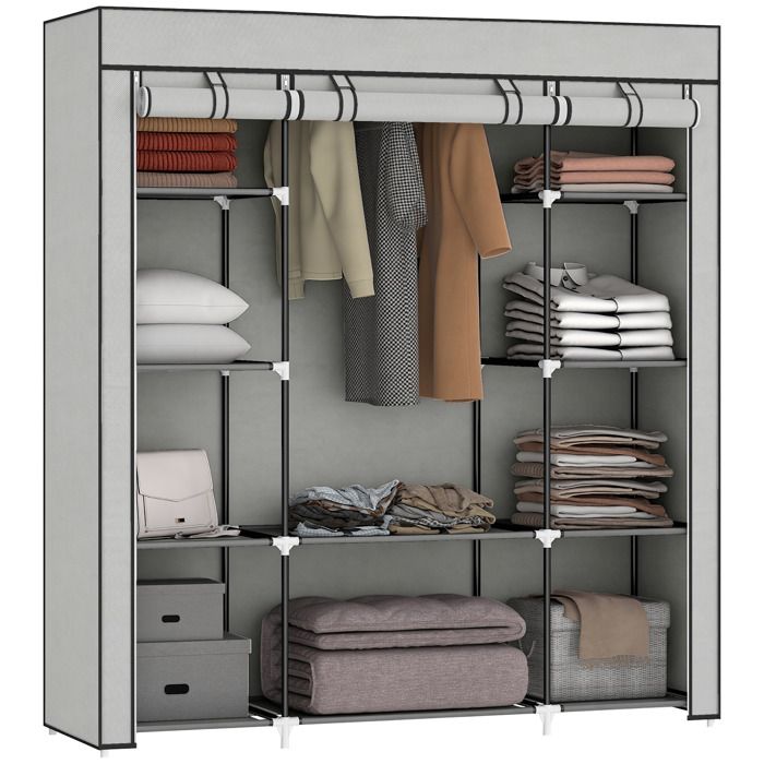 Armoire de rangement penderie - HOMCOM - en tissu - pliable - barre de suspension et étagères - 150 x 43 x 162 5 cm - gris clair Armoire de rangement penderie - HOMCOM - en tissu - pliable - barre de suspension et étagères - 150 x 43 x 162 5 cm - gris clair