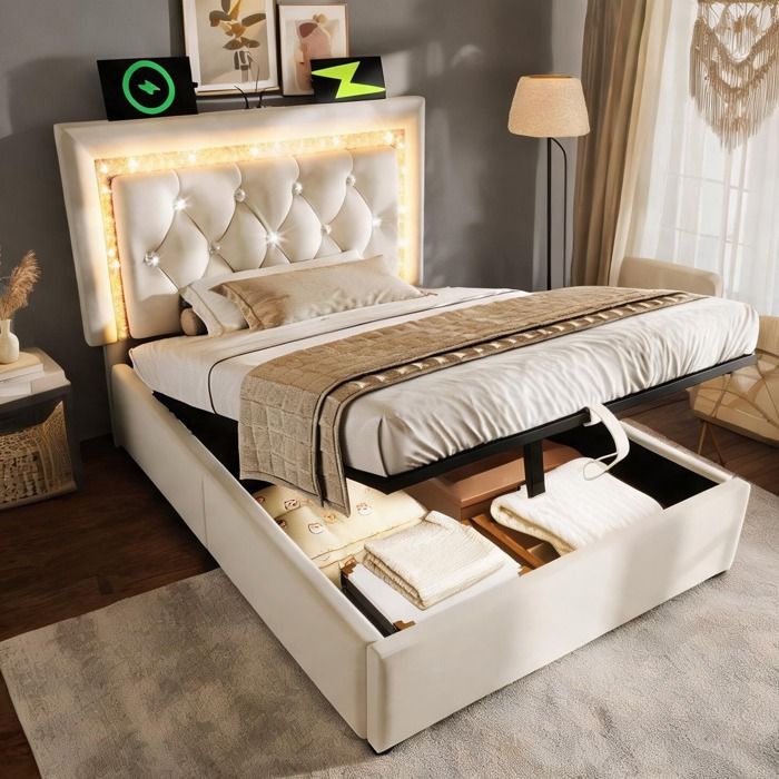Lit une place 90x200 cm en velours warm beige avec coffre hydraulique et LED diamant