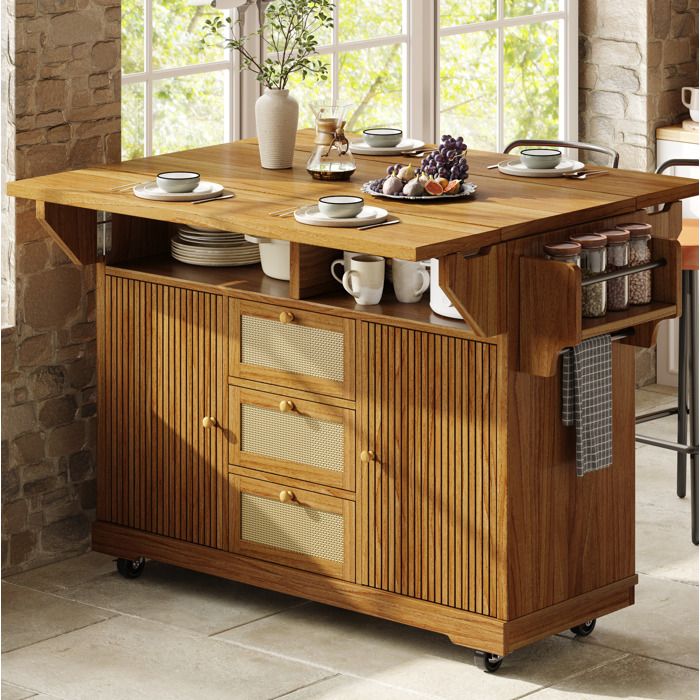 Desserte de cuisine pliable EVRYAE 1425 x 80 x 95 cm avec roulettes 3 tiroirs PE aspect rotin marron fonce