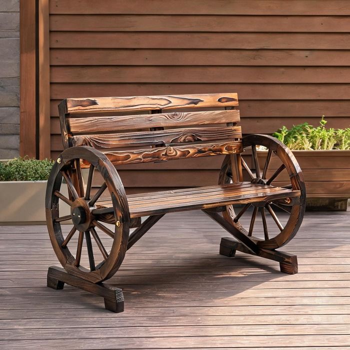 Banc de jardin 2 places en bois massif style campagne roues de charrette finition brown 105 5 cm
