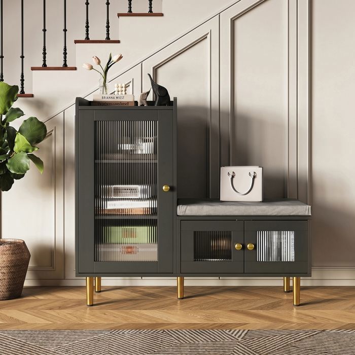 Meuble à chaussures - Banquette rembourrée - Étagères réglables - Porte en verre - Meuble dentrée pour entrée salon - 100x35x90cm