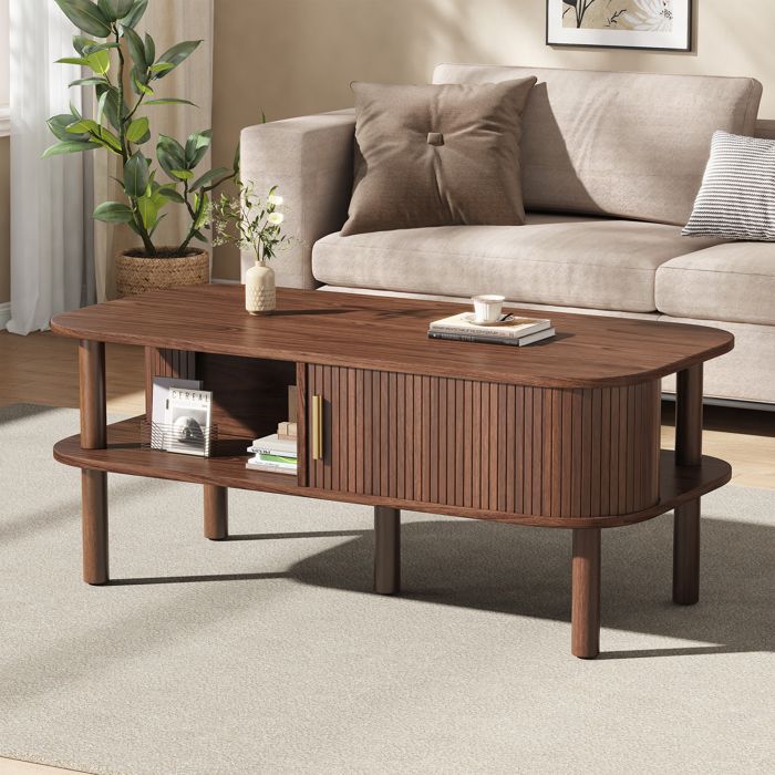 Table basse 110 x 55 x 45 cm - porte coulissante rainurée - rangement ouvert - MDF et bois - noyer