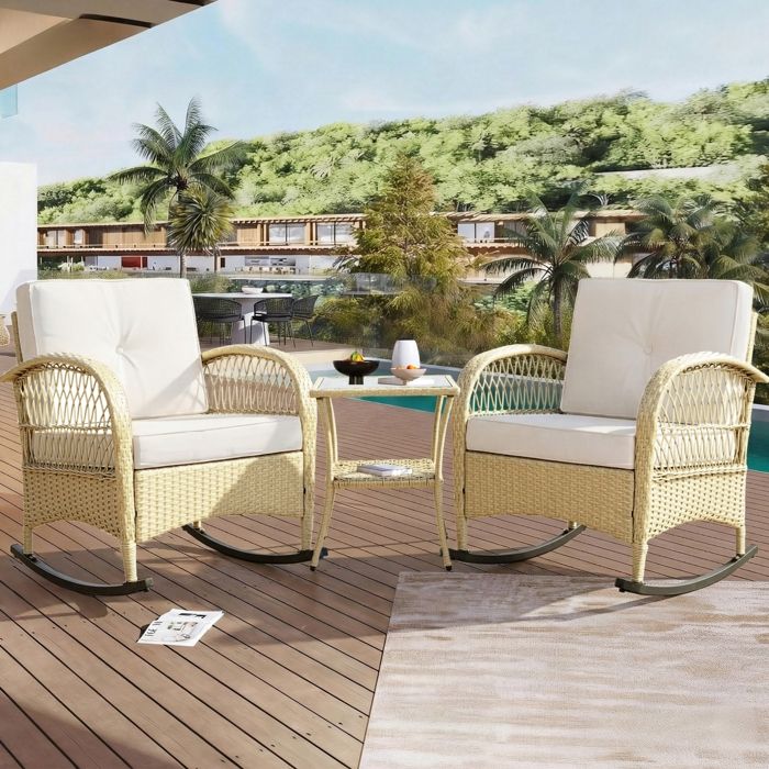 WOVREO Salon de balcon 3 pièces avec 2 fauteuils à bascule table dappoint en verre trempé beige