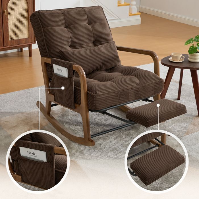 Fauteuil à bascule en velours - Velours côtelé café - Repose-pieds intégré - Poche latérale avec Velcro