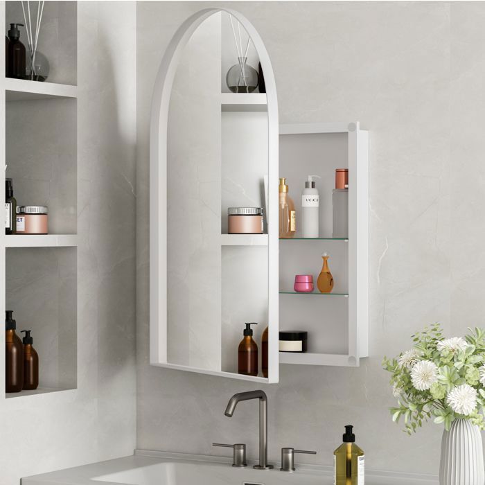 WOVREO Armoire de Salle de Bain avec Miroir arqué blanc murale ou encastrable 2 étagères en verre réglables 91 x 61 x 12cm