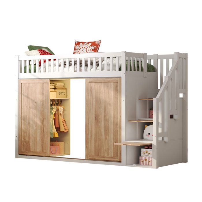 lit surélevé enfant 90 x 200 cm SENVIRO avec armoire escalier de rangement sommier inclus sans matelas blanc et chêne