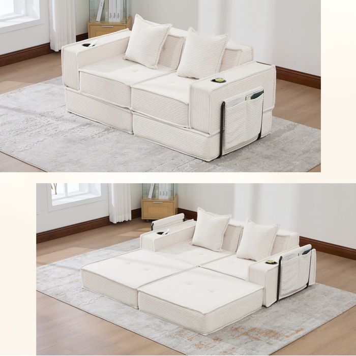 Canapé-lit modulable 2 places beige en corduroy avec accoudoirs rangements latéraux et coussins