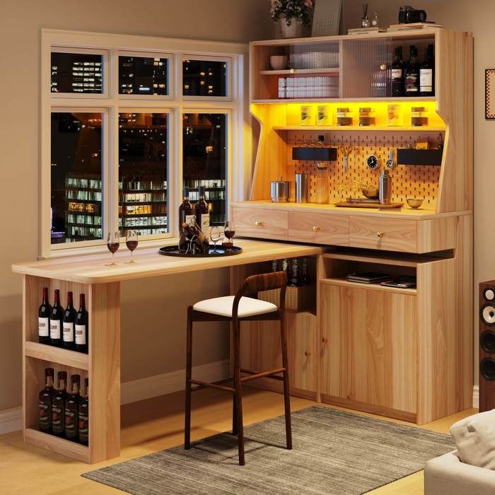 Buffet de cuisine 137x45x178cm Armoire haute Meuble de rangement avec table à manger / table de bar extensible LED - naturel