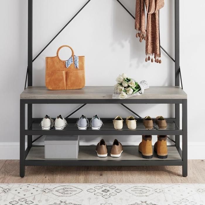 Porte-manteau industriel avec banc à chaussures – 3 niveaux – 8 crochets solides – Barre suspendue et étagère - Gris