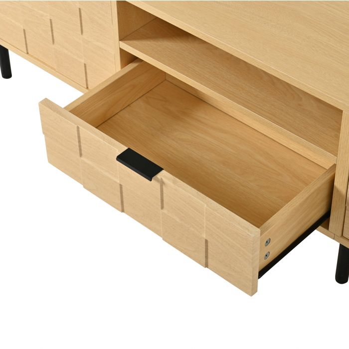 Meuble TV 200cm Bois Naturel Lowboard Design FloraGrace Pour Salon Et Sejour Avec 2 Portes 2 Tiroirs 200x35x44 5cm