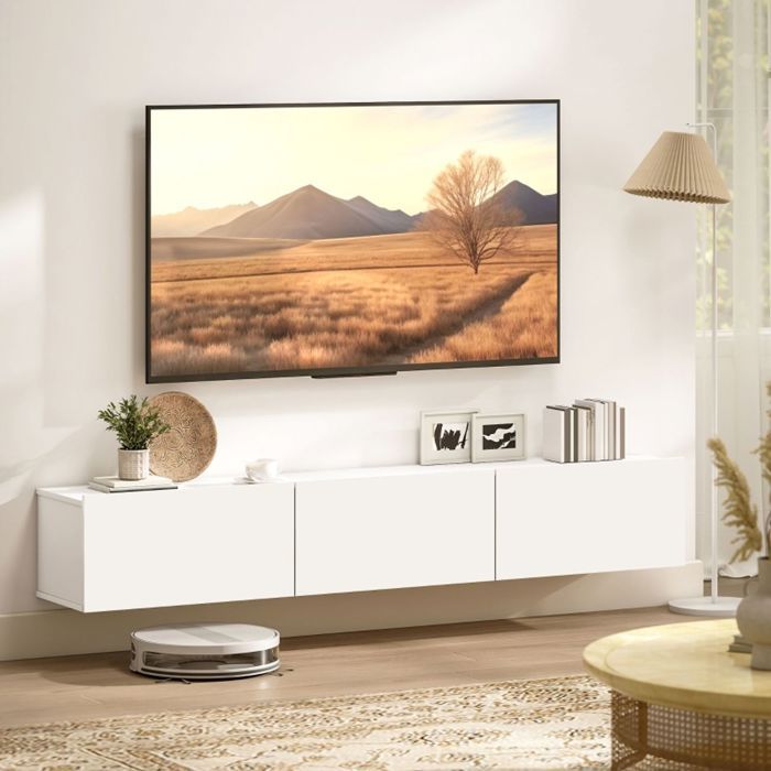 Meuble TV - SOGEU - Design flottant 180 cm - 3 tiroirs - Fixation murale - Blanc