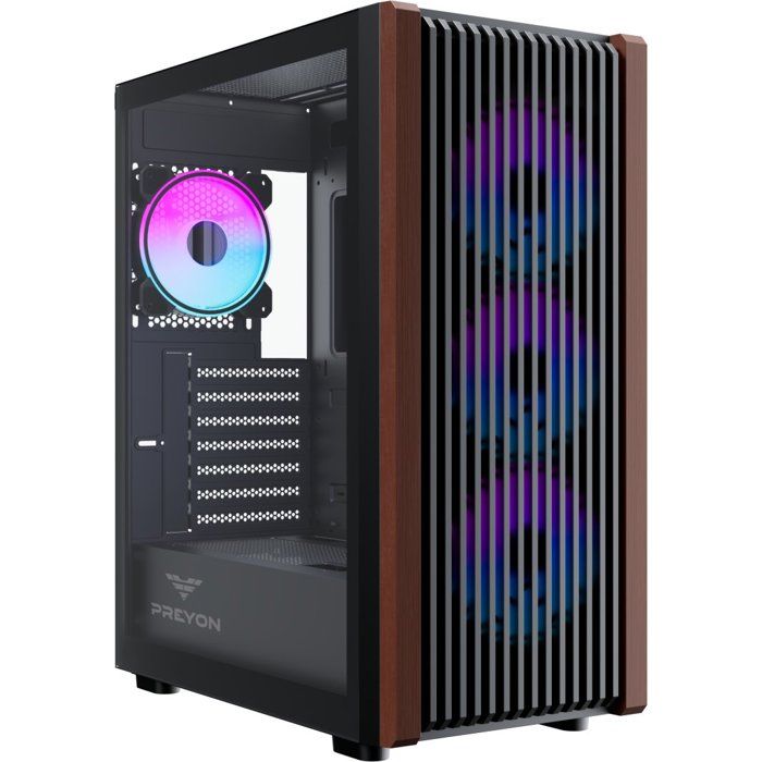 Boîtier PC PREYON Nest Timber Midi Tower ATX - Boîtier pour PC gaming - Façade en bois - Verre trempé - 4 ventilateurs ARGB