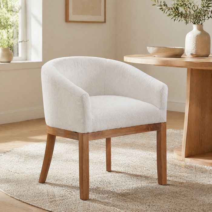 Chaise de salle à manger - ZEVKOR - Fauteuil baril - Accoudoirs - Chenille beige - Structure bois