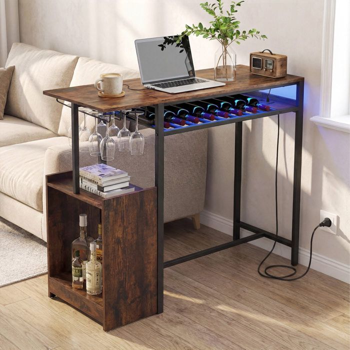 2 prises AC + USB + USB-C table de bar haute LED avec range-bouteilles pour cuisine salle à manger ou salon