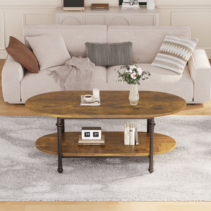 JOLLYTOP Table basse ovale 2 niveaux bois – Pieds colonne romaine – Étagère ouverte pratique – Finition rétro marron – Couleur rétro