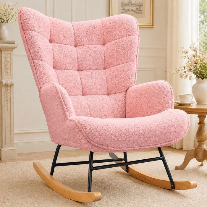 Fauteuil à bascule UTTQEW Rocking Chair avec Accoudoirs Tissu Teddy Fleece Scandinave Pour Salon Chambre Rose