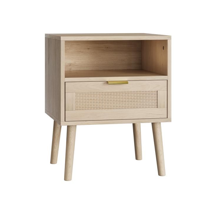 Table de chevet bohème en bois 1 tiroir et étagère ouverte poignée dorée 45 × 40 × 55 cm