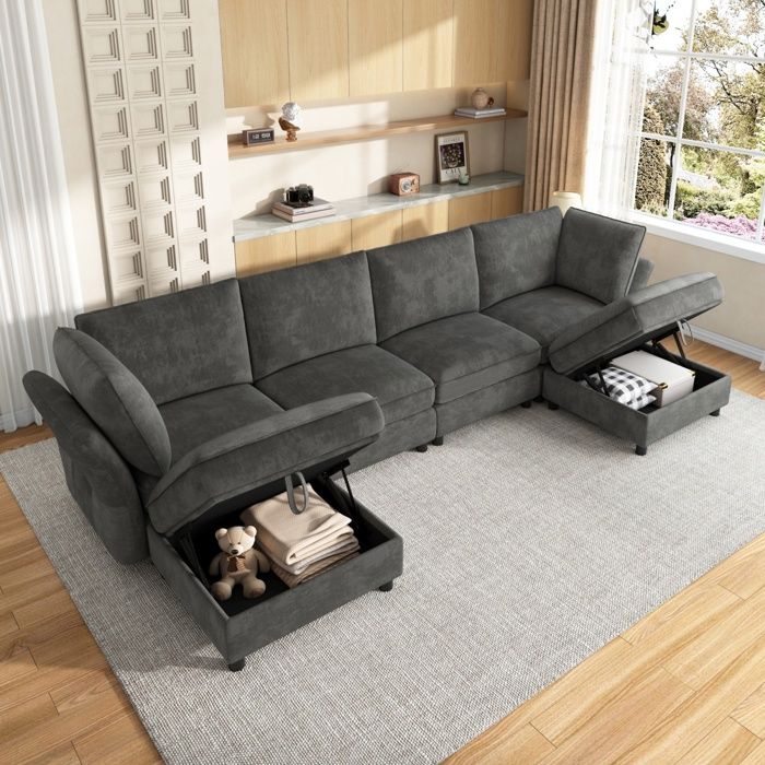 Bladez - Canapé dangle modulable 6 places en U en chenille 2 poufs coffres accoudoirs incurvés assise moelleuse - Gris