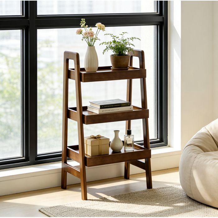 Maisentiel Étagère échelle 3 niveaux en bois massif coloris noyer meuble de rangement autoportant 45 x 32 x 80 cm