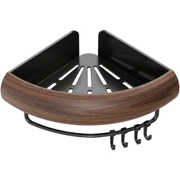 Rangement mural d’angle pour salle de bain étagère 1 niveau sans perçage avec crochets et barre style bois douche et lavabo