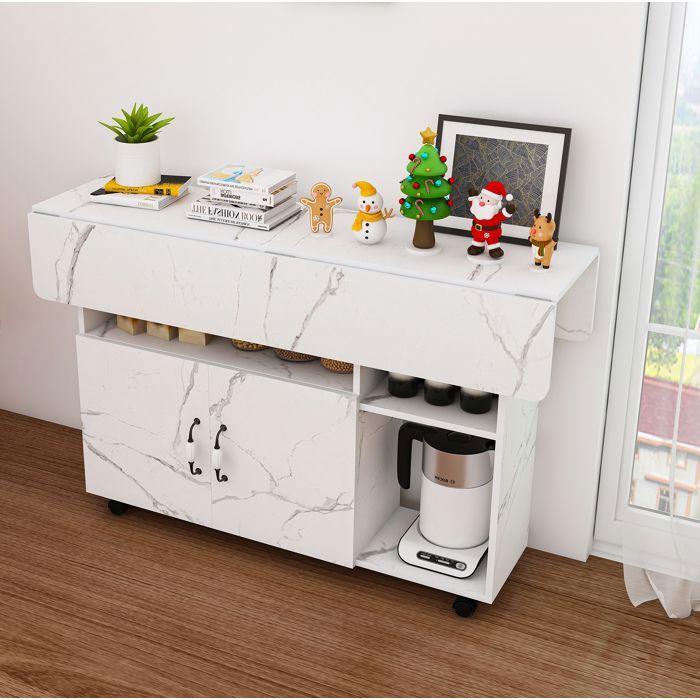 MEUBLIV Table de cuisine pliante et mobile 110 x 70 x 80 cm MDF blanc effet marbre 5 roulettes