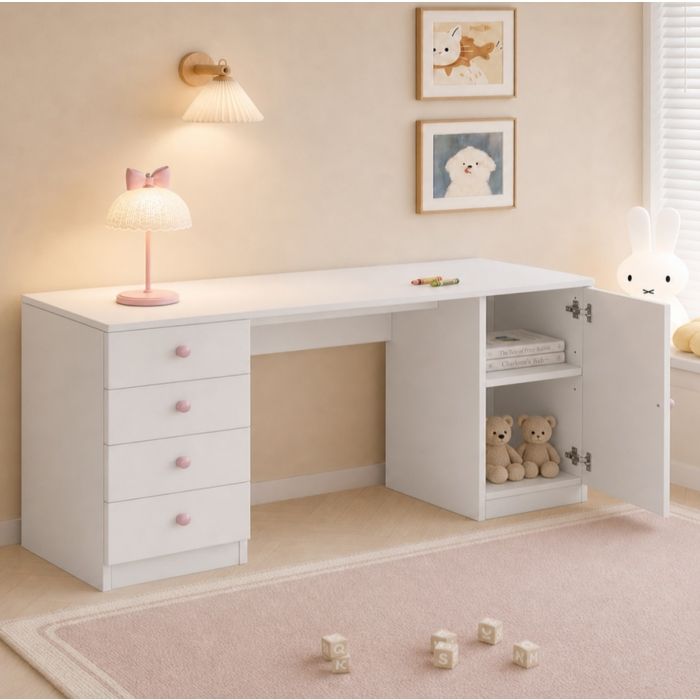 Modenuit Bureau enfant blanc 155 cm avec 4 tiroirs et meuble de rangement MDF