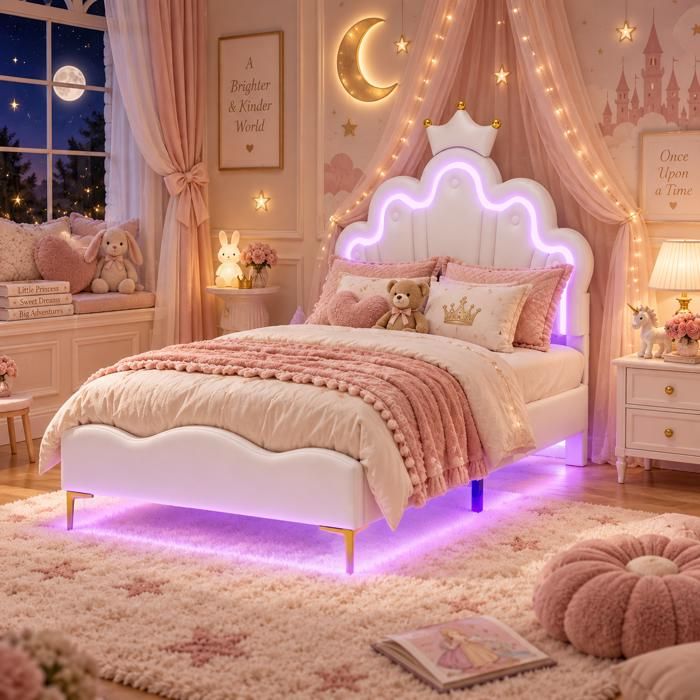 Lit Fille 90x190 CM avec Sommier - Lumineuses LED RGB - Lit Enfant Princesse avec Tête de Lit Couronne Réglable - Similicuir - Blanc
