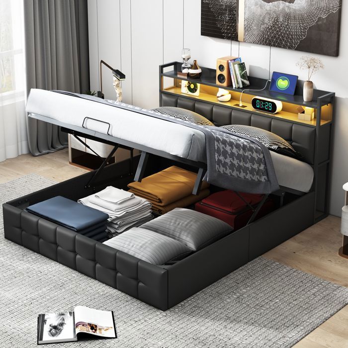 Lit Coffre 140x190 cm en PU Noir avec LED USB Tête de Lit avec Rangement Dossier Souple et Sommier à Lattes