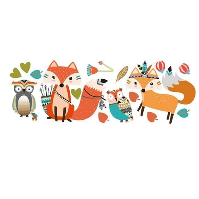 Qing Sticker Muraux Animaux de la Forêt Sticker Mural Animal Indien Pour Chambre Bébé Renard Chouette Ours Cerf Plume Hibou et Renard