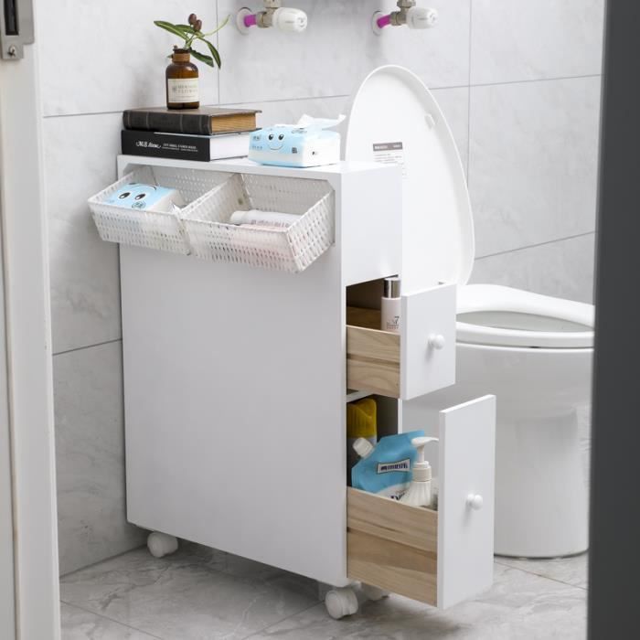 Armoire De Salle De Bain Sur Roulettes Avec 2 Tiroirs 2 Panier 72 5x50x16cm Blanc Cdiscount Maison