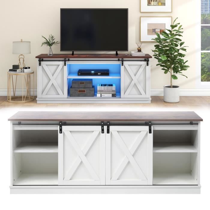 Meuble TV Blanc Bas Avec Portes - Grand Rangement - Design Moderne - éclairage LED Intégré - Facile à Monter - 6