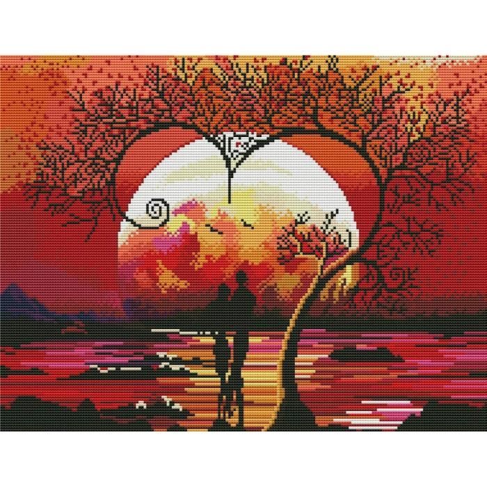 Kit De Point De Croix Estampillé OWN4B - Motif Arbre Et Lune 11CT (36x46 Cm) Pour Débutants